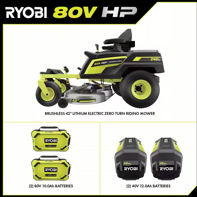 80V HP Brushless 42 In. Battery Electric Cordless Zero Turn Riding Mower (2) 80V Batteries (2) 40V Batteries and Charger